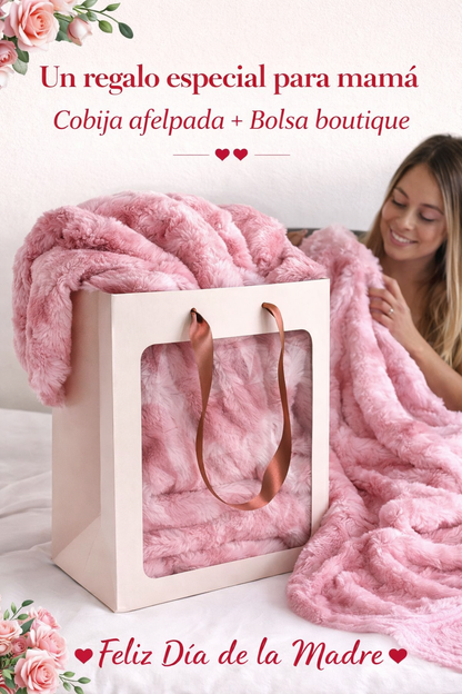 Regalo para Mamá: Cobija jaspeada + bolsa boutique + fragancia